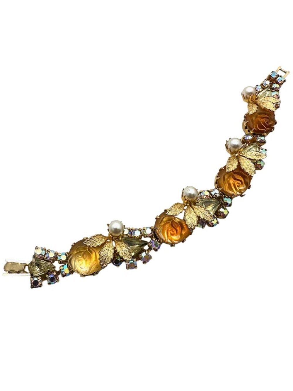 Vintage Juliana? Yellow Orange Givre Glass Rhinestone Gold Tone 7.25" Bracelet